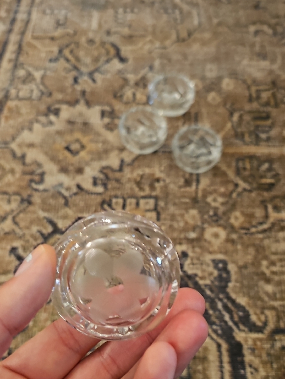 SALE! Set of 5 Glass Open Salt Cellars, Etched Floral And Sawtooth Rim - Picture 8 of 16